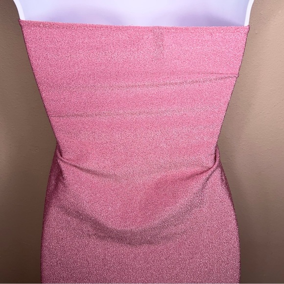 Medium Divided Pink Shimmer Fitted Bodycon Dress Strapless Stretch Event Party - Picture 13 of 13